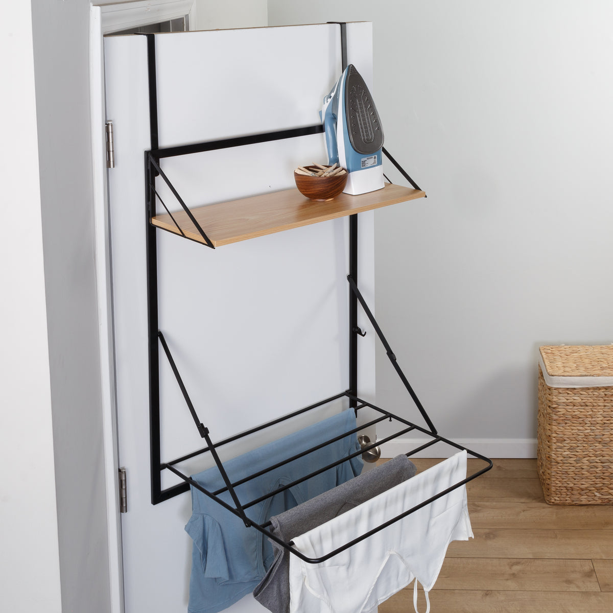 Black/Maple Over-the-Door Drying Rack with Shelf - Main Image