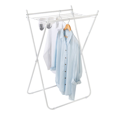 Maximize drying space by drying clothes on hangers on this compact drying rack