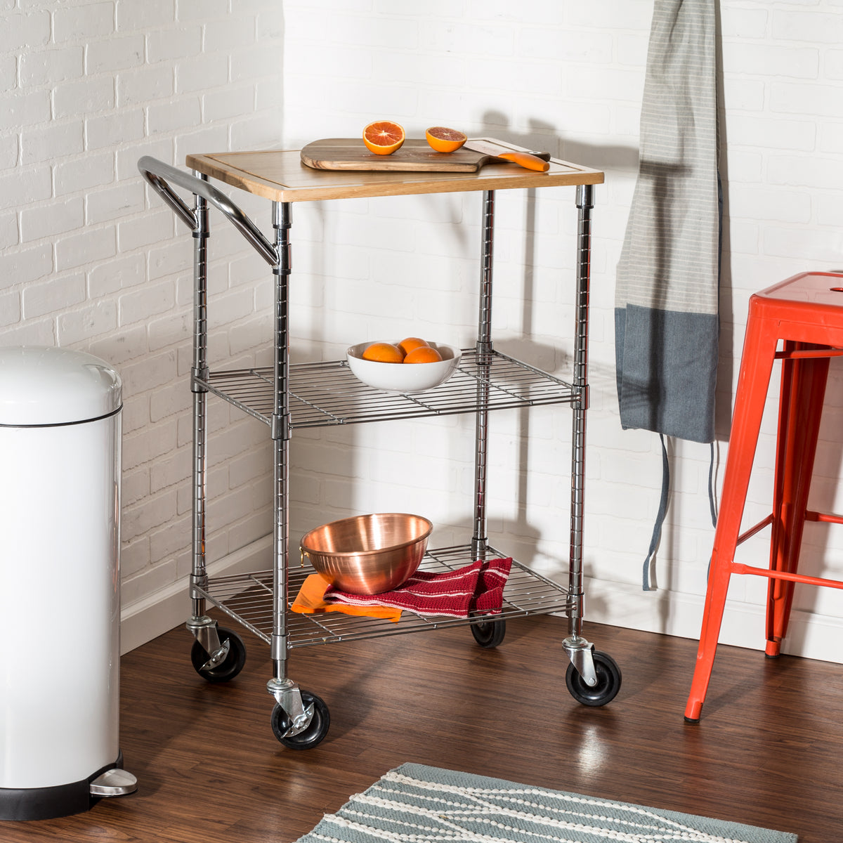 Chrome/Wood 3-Tier Kitchen Cart with Cutting Board