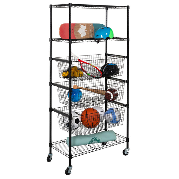 Black Rolling Adjustable Garage Shelving Unit with 3 Pull-Out Baskets