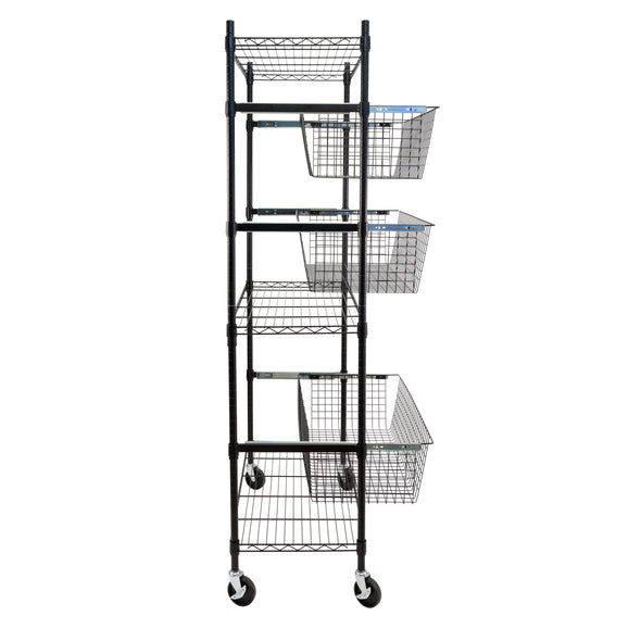Black Rolling Adjustable Garage Shelving Unit with 3 Pull-Out Baskets