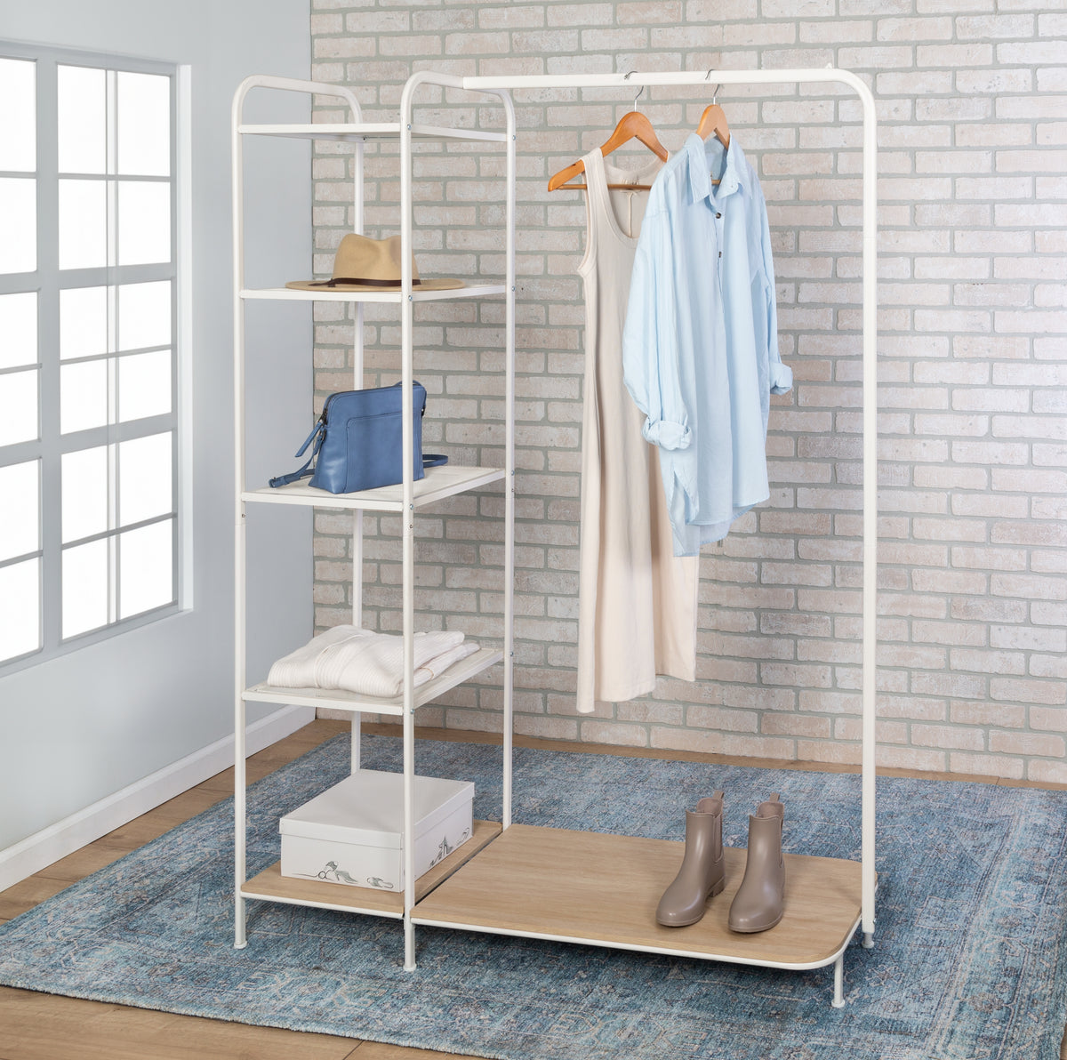 White Ash Freestanding Metal Clothing Rack with 4 Shelves