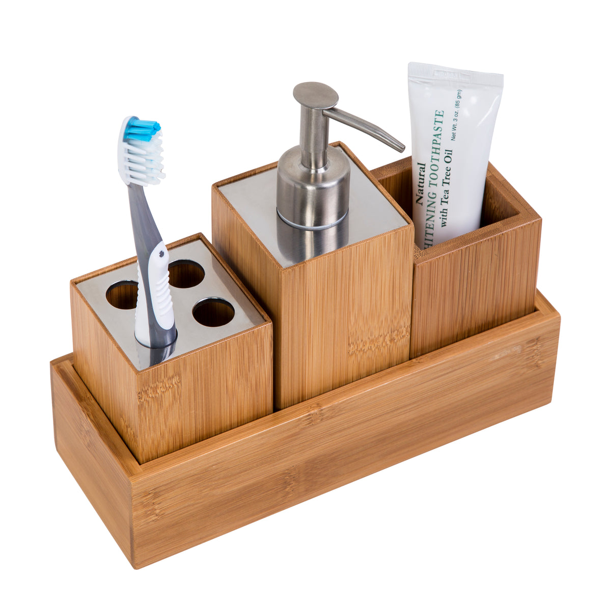 Hastings Home 5-PC Bamboo Bathroom Accessories Set - Brown  Wood Bath  Accessory Set with Soap Dispenser, Toothbrush Holder, and More at