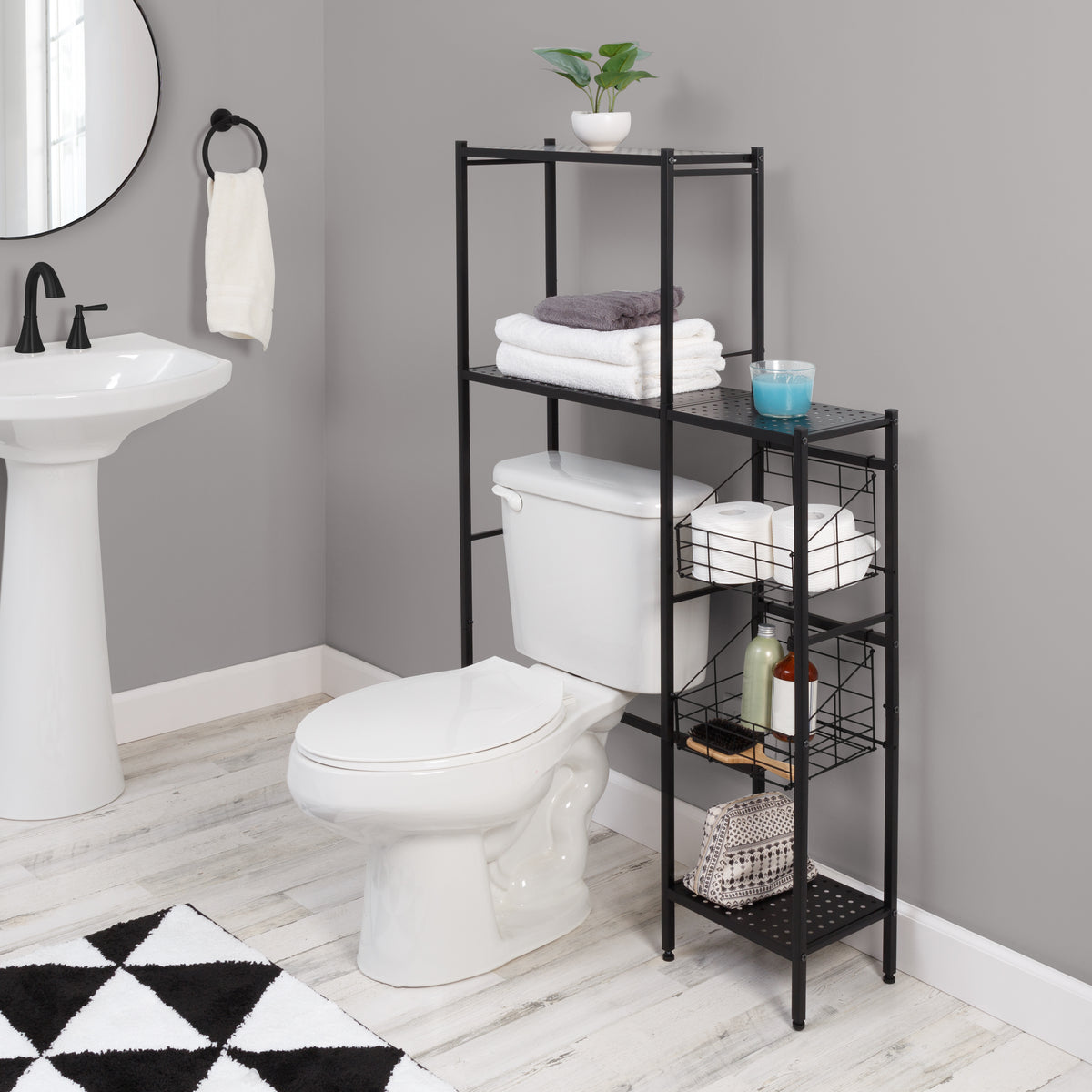 Just Home Black Wood Shelf Over-the-Toilet Space Saver