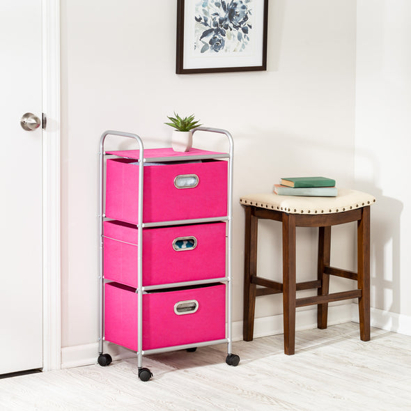 Pink 3-Drawer Rolling Fabric Cart