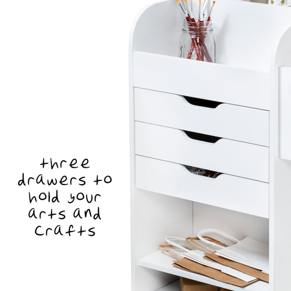 Three drawers for holding tissue paper, beads, tools, and other craft essentials