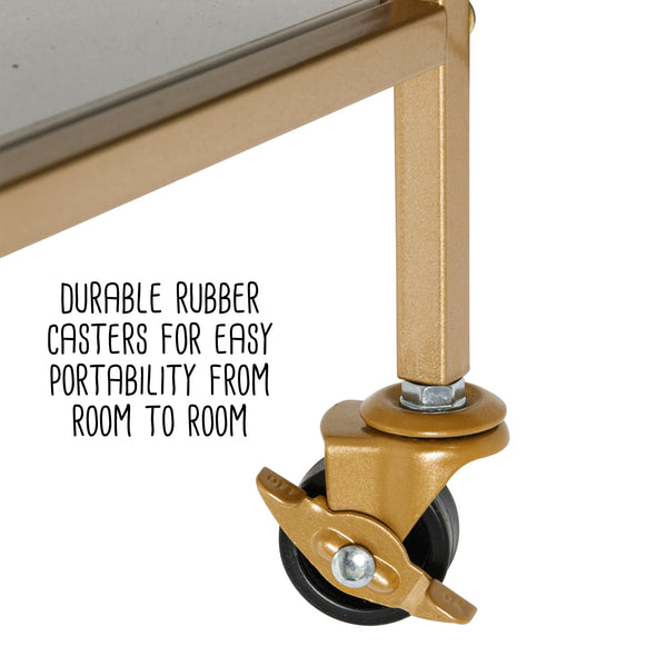Durable rubber casters (2 that lock) for easy portability from room to room