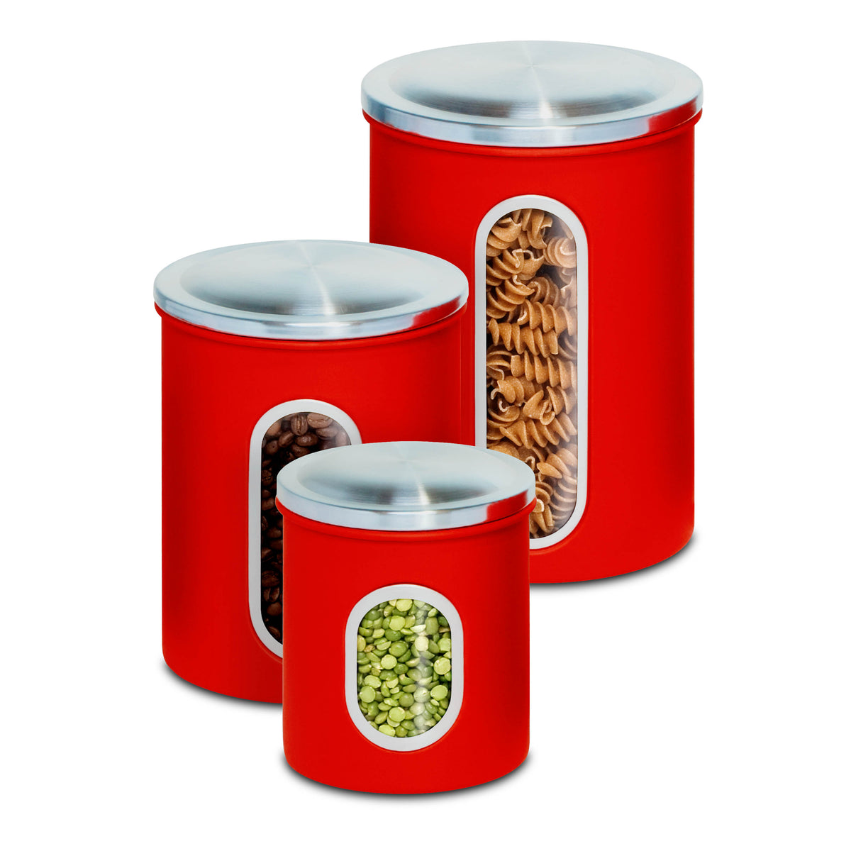 Red Steel Canister Set with Windows (3-Piece Set)