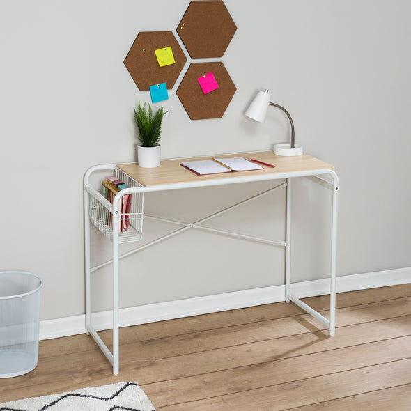 White Home Office Computer Desk with Side Basket