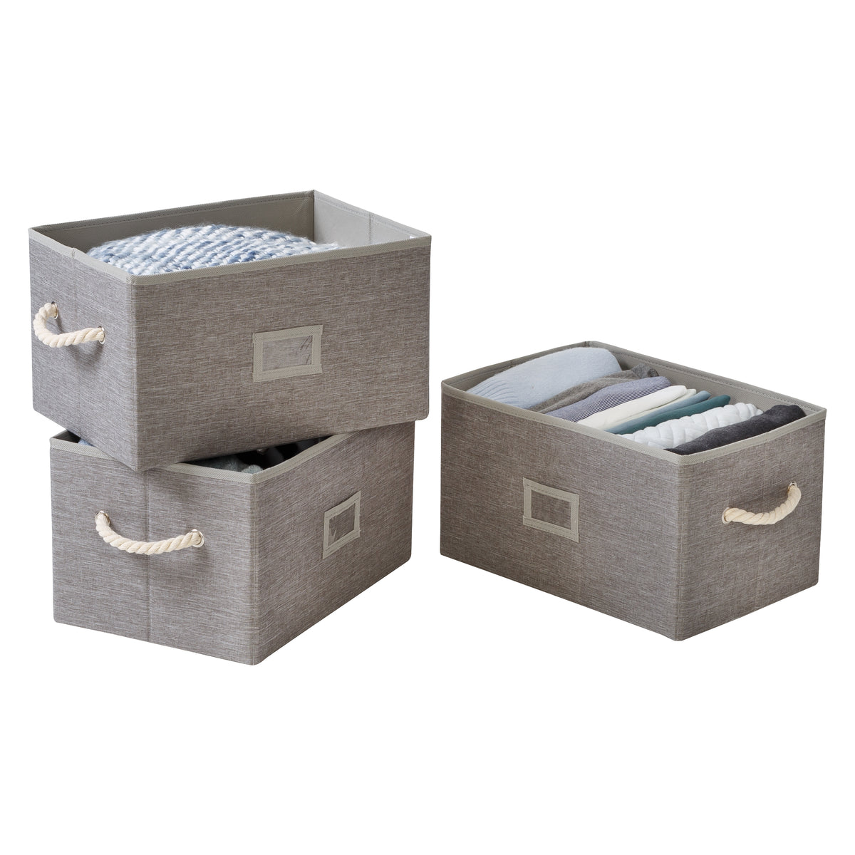 Honey Can Do Set of 3 Collapsible Large Fabric Storage Bins with Handles, Gray Stripes
