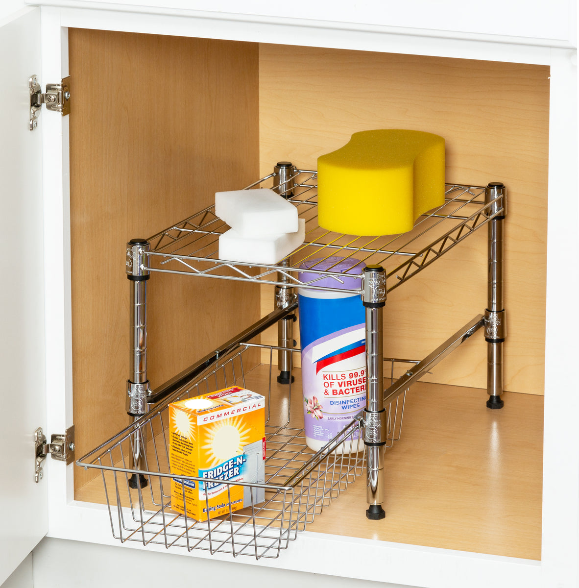Chrome Large Cabinet Organizer with Basket and Adjustable Shelf