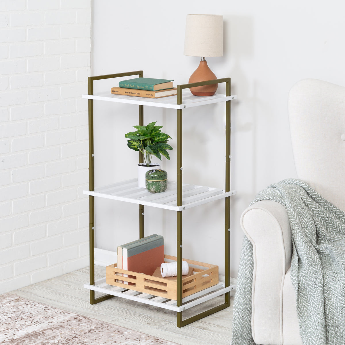 White/Natural 3-Tier Small Wood and Metal Shelf