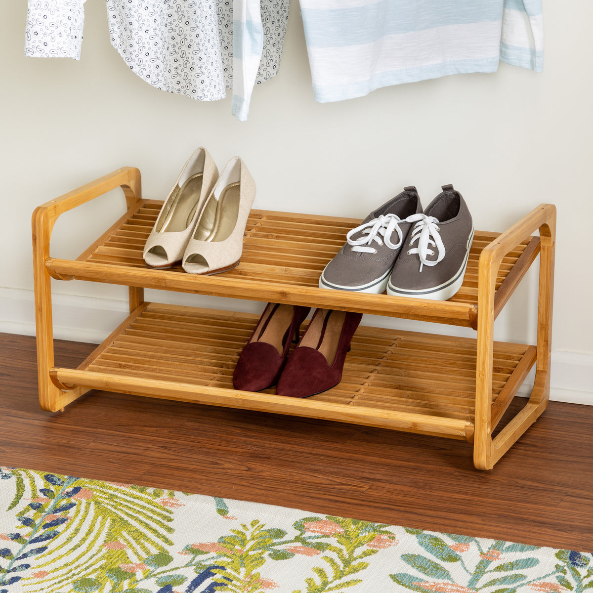 2-Tier Stackable Shoe Rack Bamboo, 28 x 11 x 11-5/8 H | The Container Store