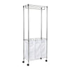 Sturdy garment bar provides convenient hanging space and stretches up to 30" wide