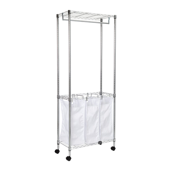 Sturdy garment bar provides convenient hanging space and stretches up to 30" wide
