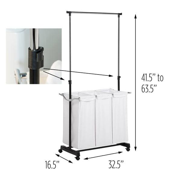 White/Black Adjustable Rolling Laundry Sorter with Rack