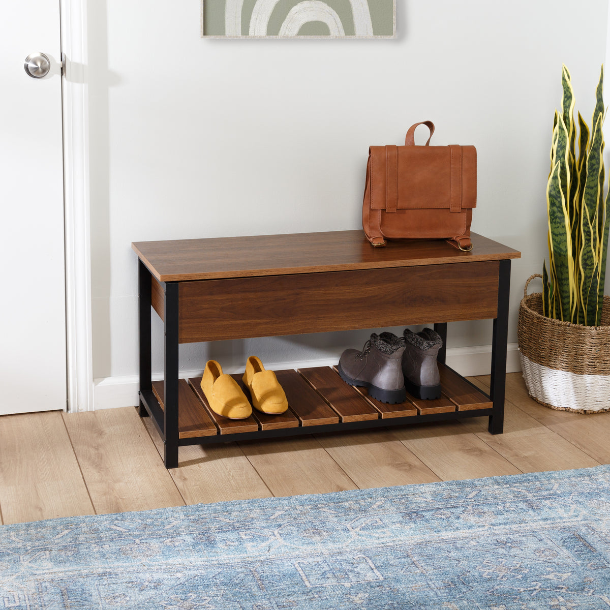 Furniture Benches Open Top Storage Bench With Shoe Shelf Walnut