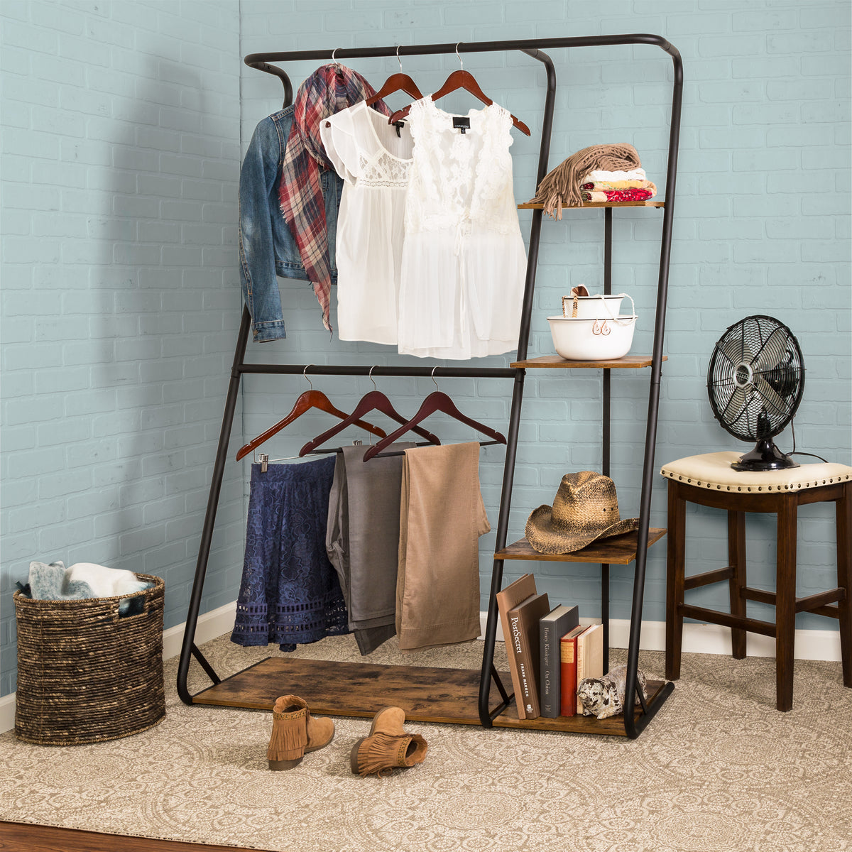 Honey-Can-Do Black/Natural Freestanding Metal Clothing Rack with Wood Shelves