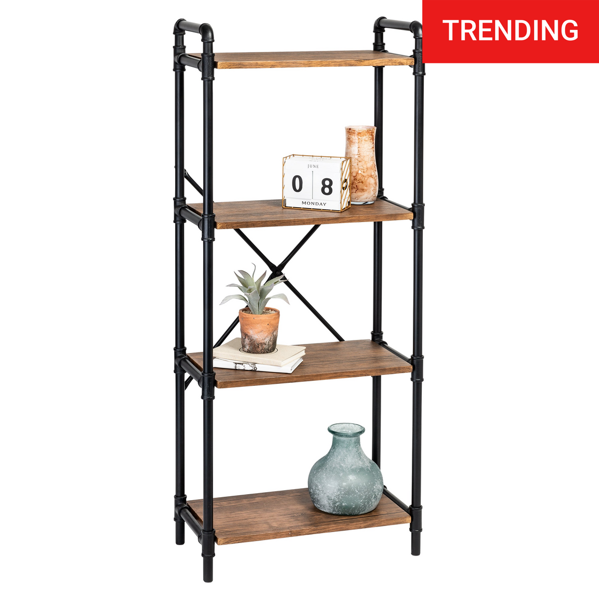 Honey-Can-Do 4-Shelf Steel and MDF Rolling Storage Bookshelf, Black/Rustic  Brown, Holds up to 50 lb per Shelf