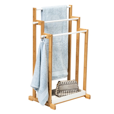 Natural/White Bamboo 3-Tier Freestanding Bath Towel Rack