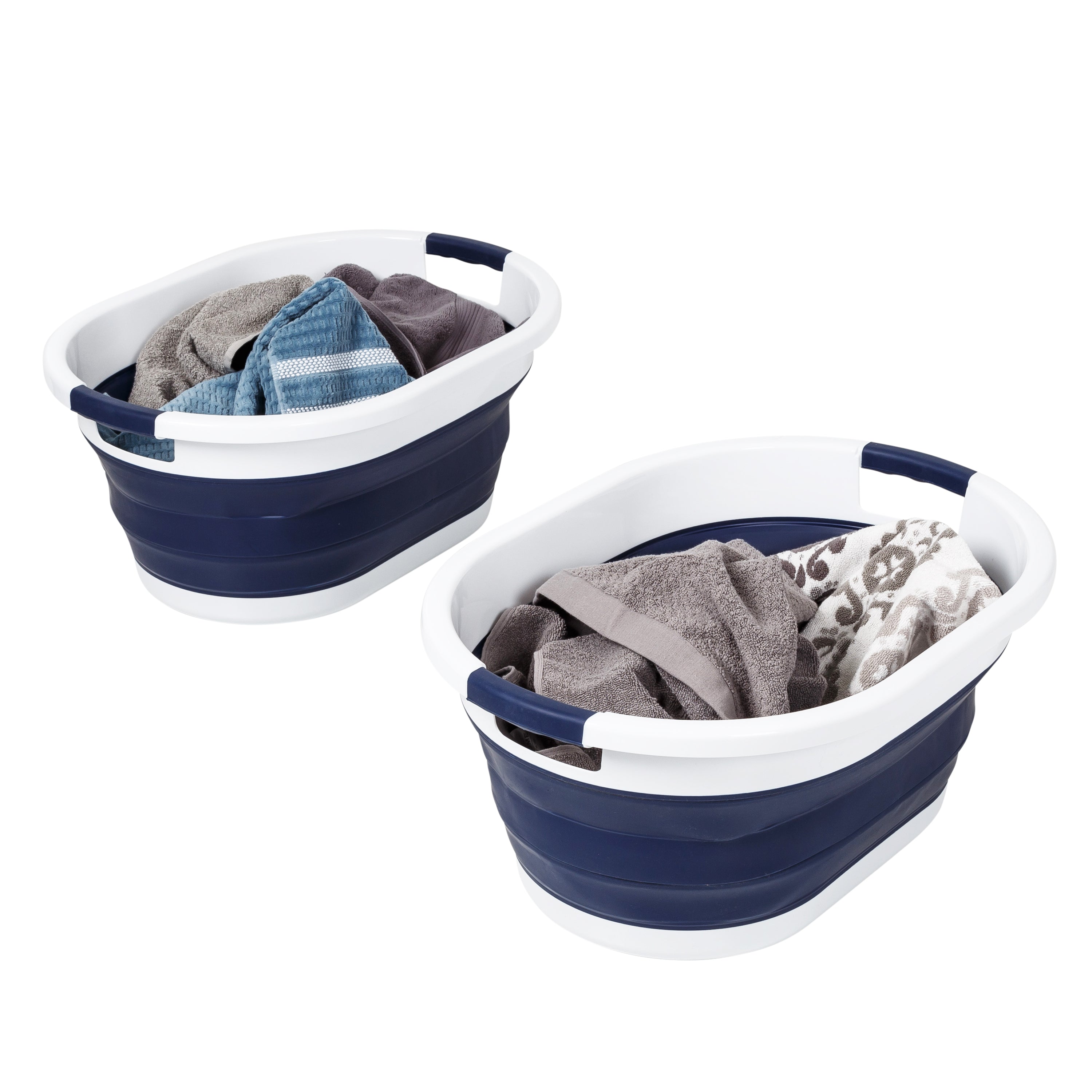 Navy Blue/White Collapsible Rubber Laundry Baskets (Set of 2)