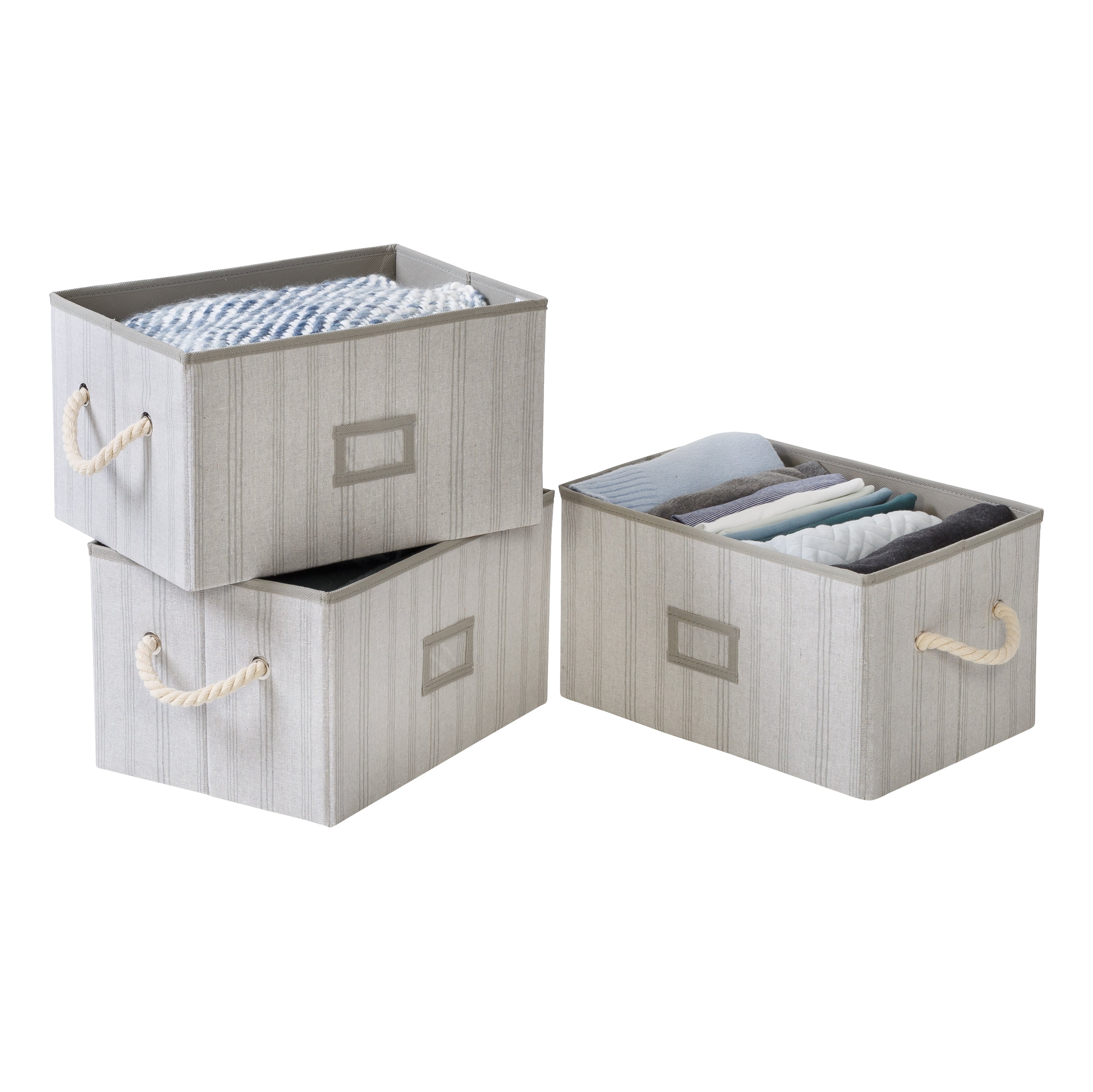 Gray Stripes Folding Large Fabric Storage Bins with Handles Set of 3