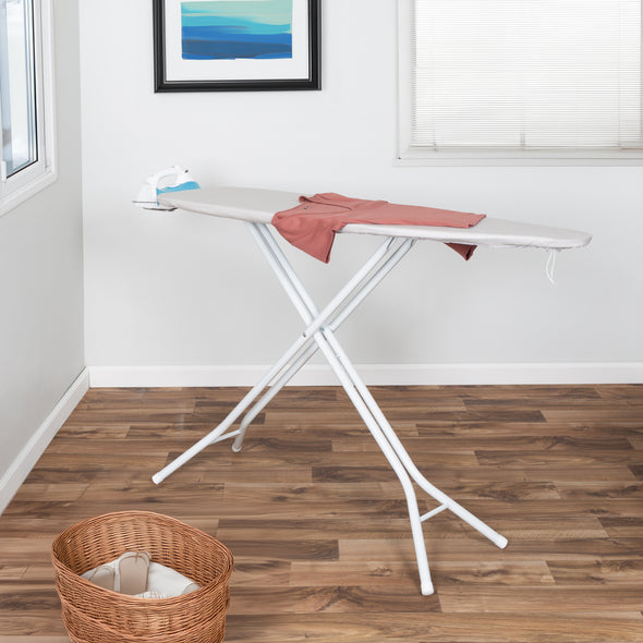 White/Gray Steel 4-Leg Ironing Board with Iron Rest and Cotton Heat-Resistant Cover