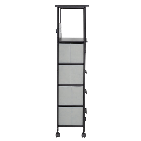 Steel frame with durable MDF shelves and polyester drawers