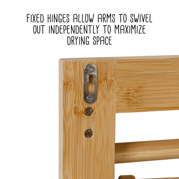 Fixed hinges allow arms to swivel out independently to maximize drying space
