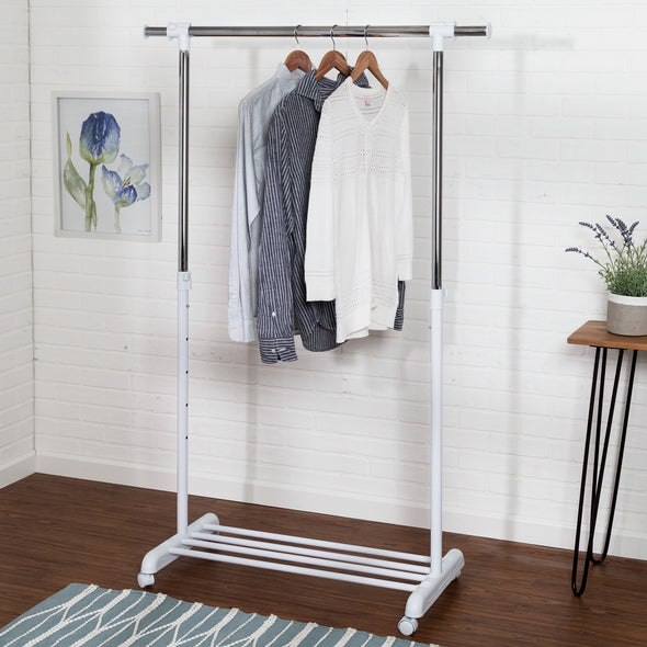 Chrome/White Adjustable Rolling Clothes Rack