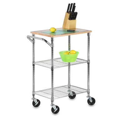 Chrome/Wood 3-Tier Kitchen Cart with Cutting Board