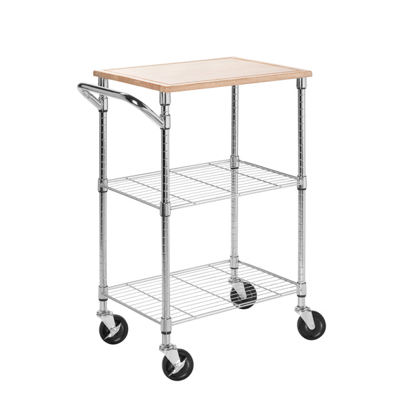 Chrome/Wood 3-Tier Kitchen Cart with Cutting Board