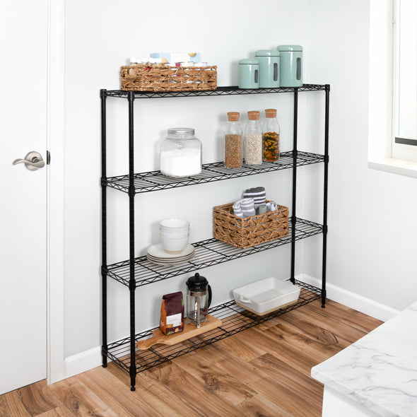 Black 4-Tier Slim Profile Wide Shelving Unit