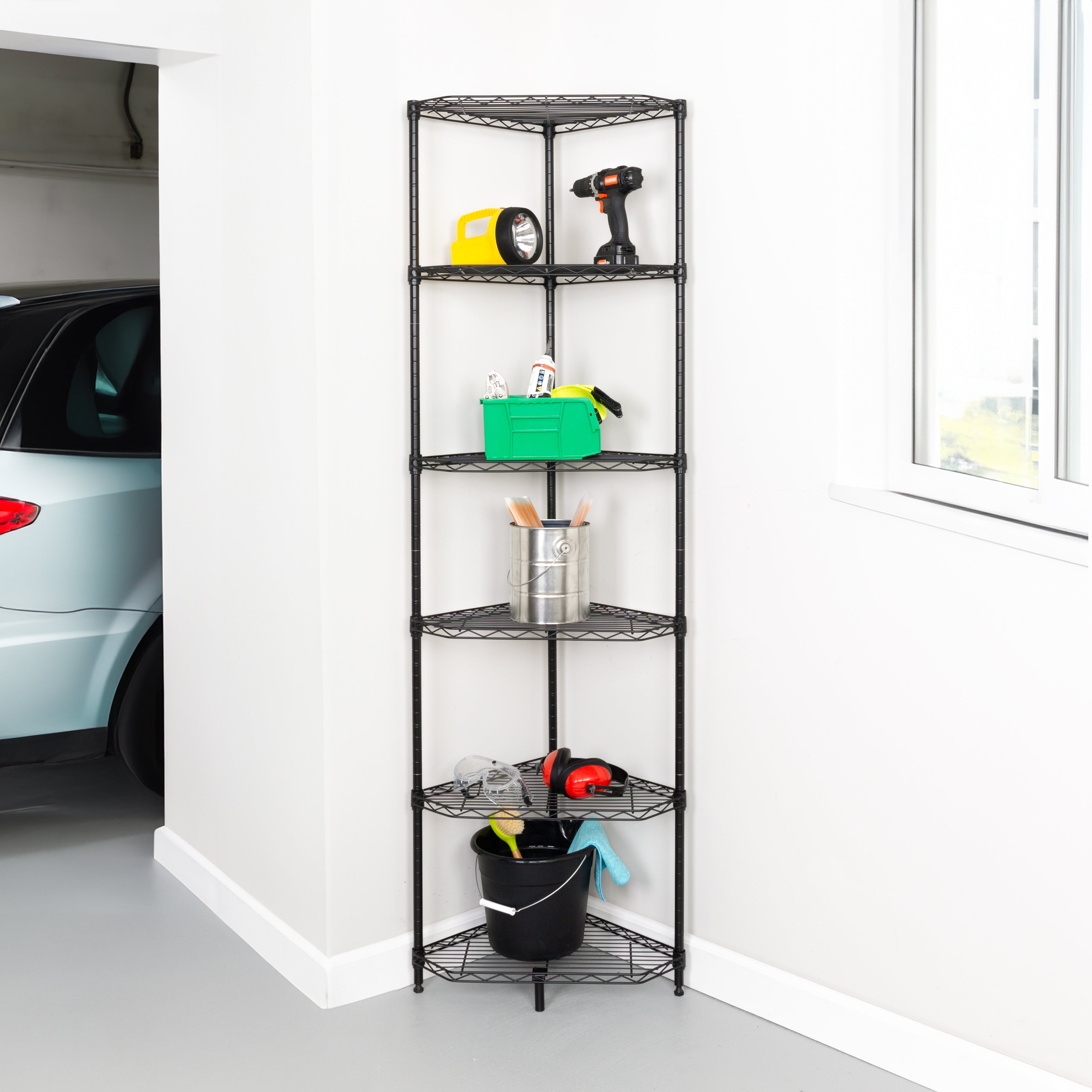 Triangular Storage Rack Black 6-Tier Compact Triangle Corner Shelving Unit