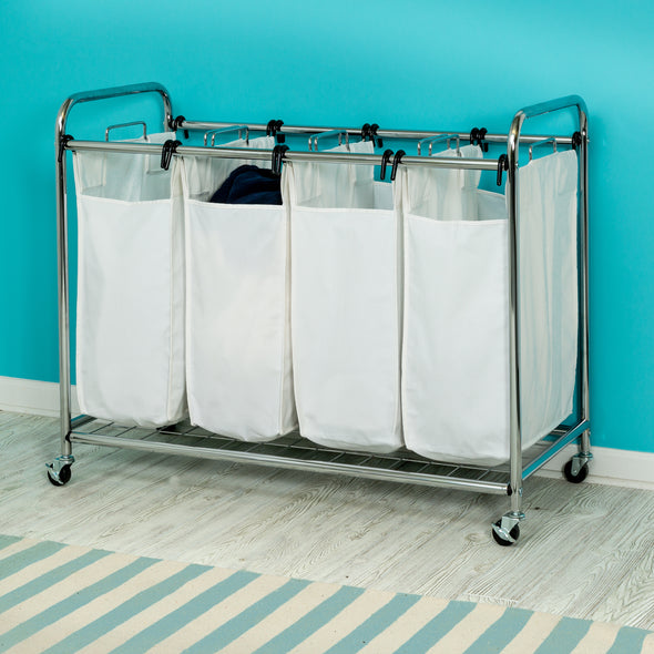 White/Chrome 4-Bag Rolling Laundry Sorter