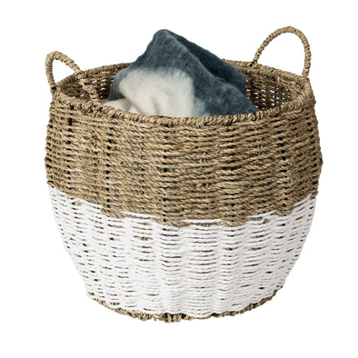 Natural & White Seagrass Medium Round Storage Basket with Handles