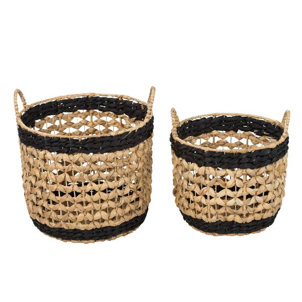 Natural/Black Round Decorative Wicker Baskets with Handles (Set of 2)