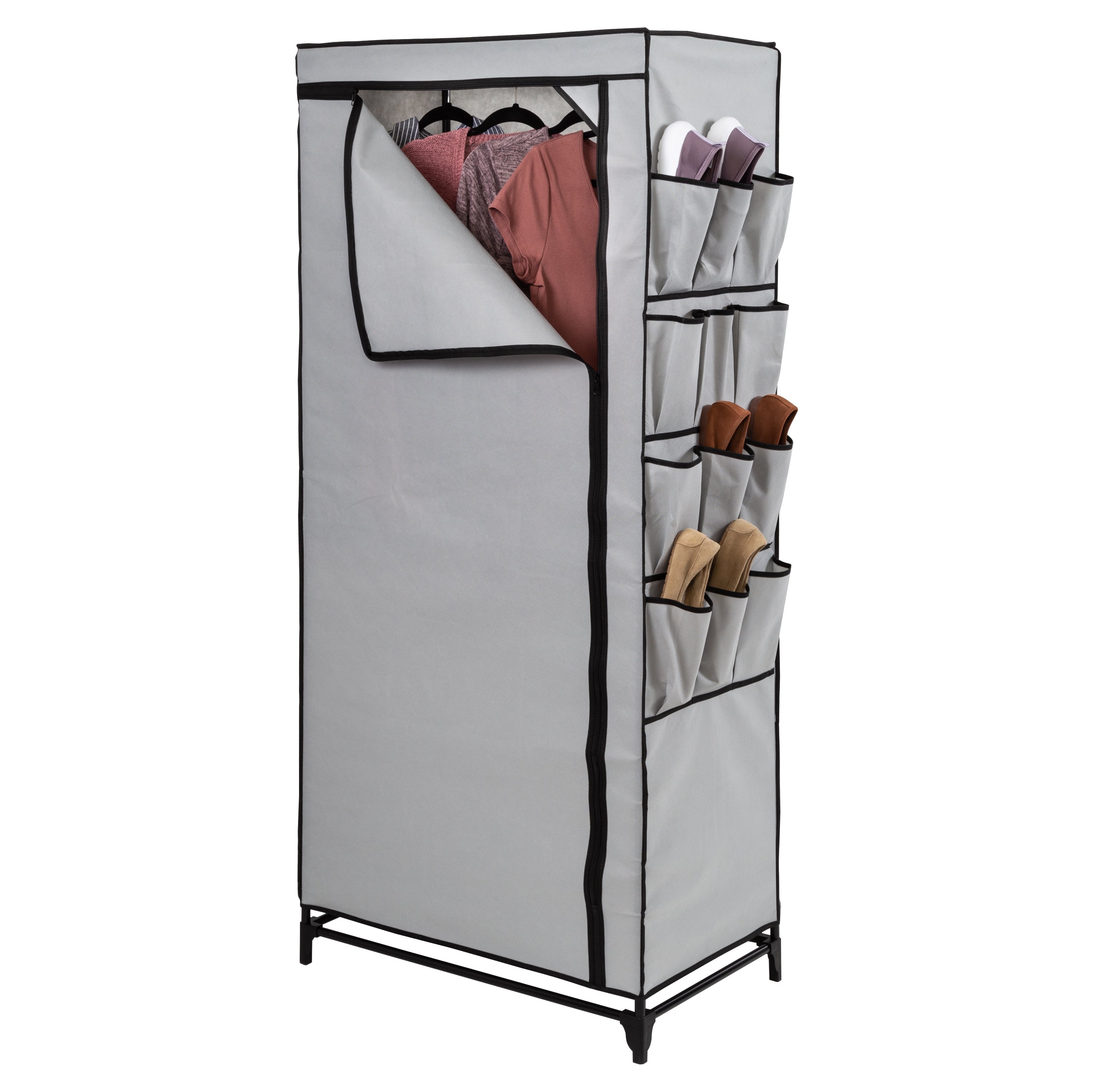 Gray 27 Inch Wide Portable Wardrobe Closet with Cover and Side Pockets