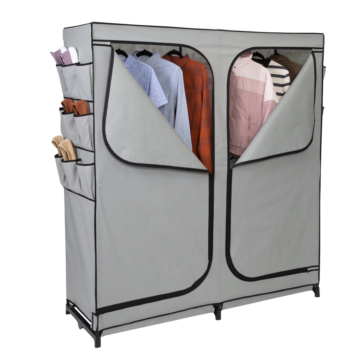 Gray 60-Inch Wide 2-Door Portable Wardrobe Closet with Side Pockets