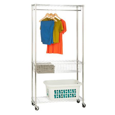 Basket and two shelves provide additional storage