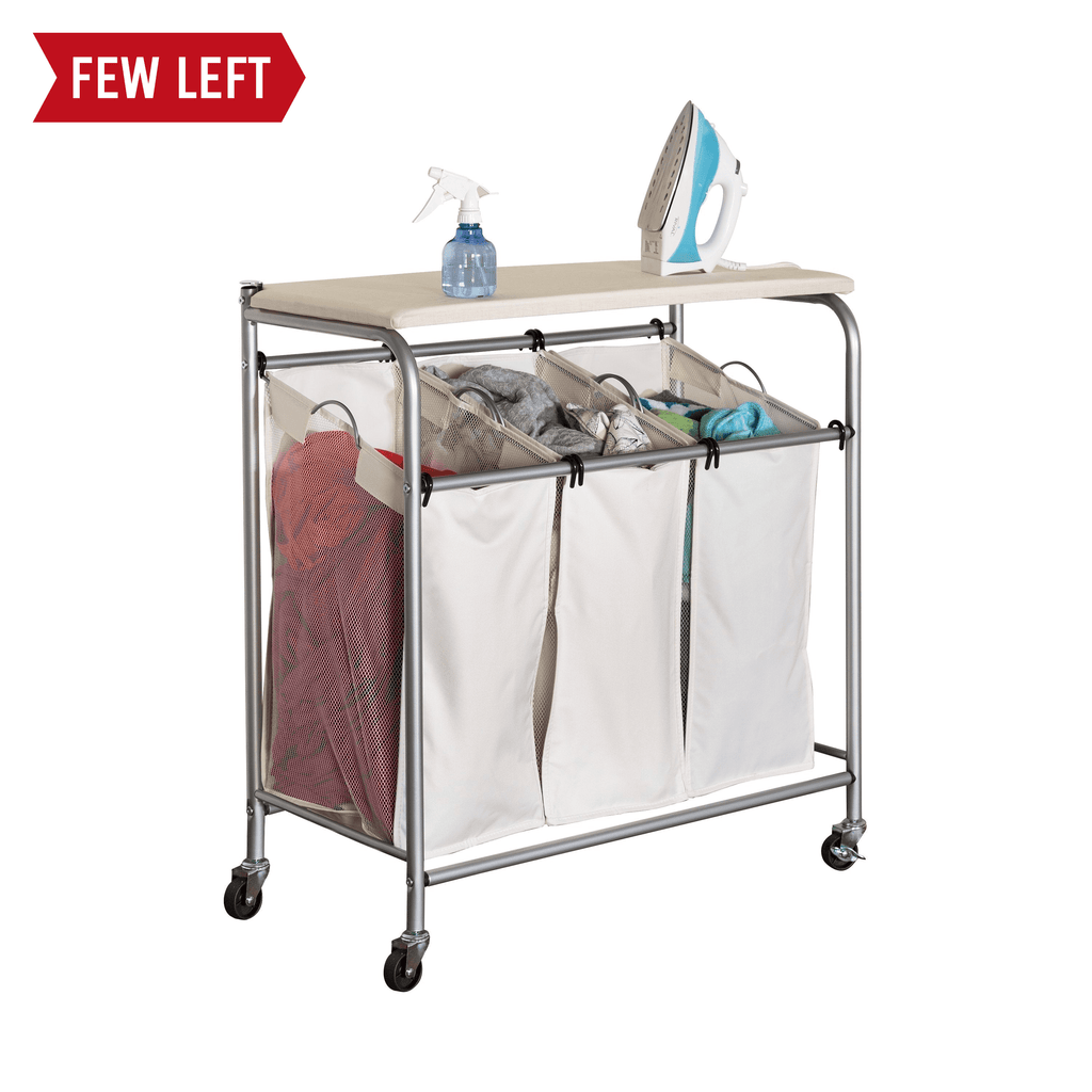 Natural/Silver Rolling Triple Laundry Sorter with Ironing Board Top