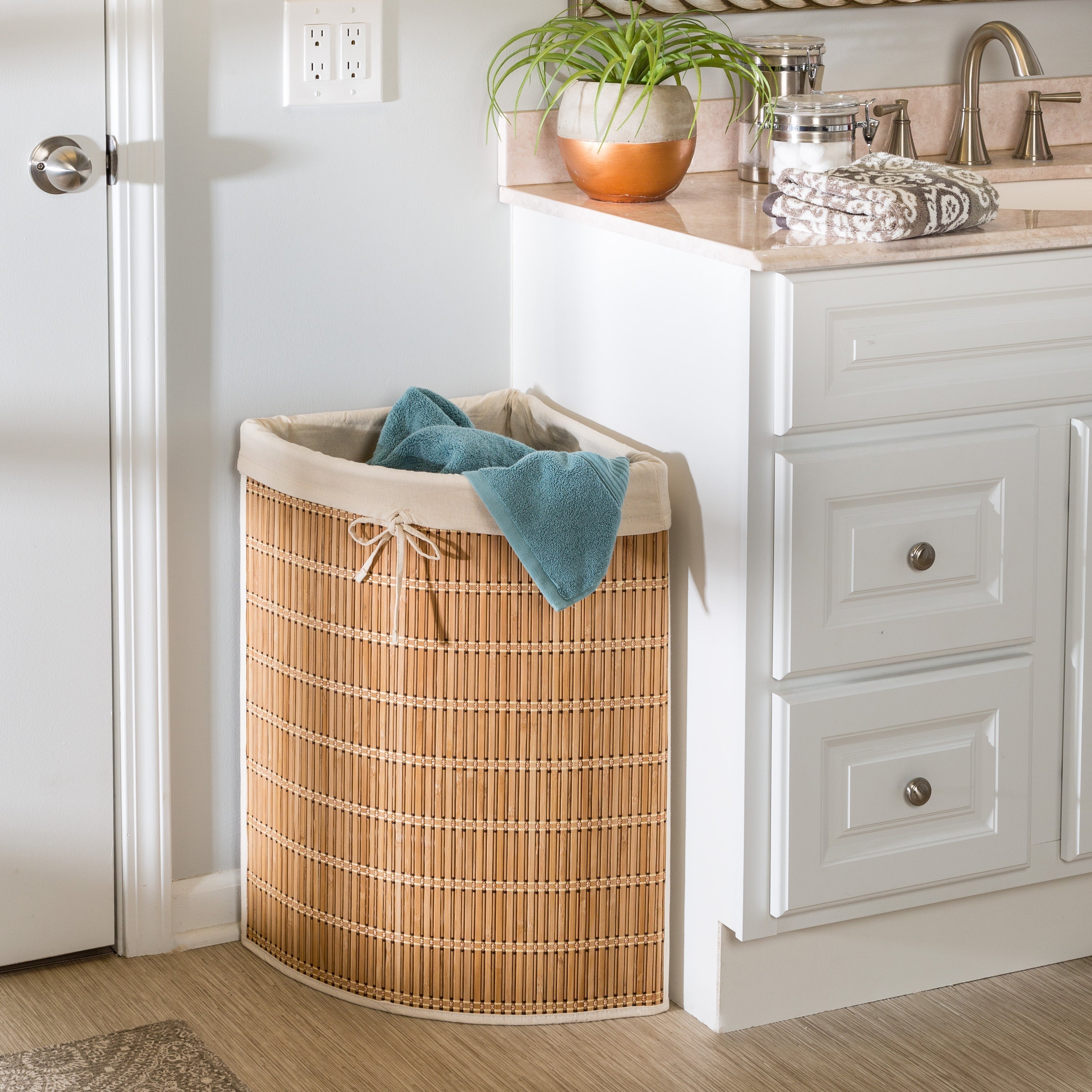 Natural Bamboo Corner Wicker Laundry Hamper with Removable Liner