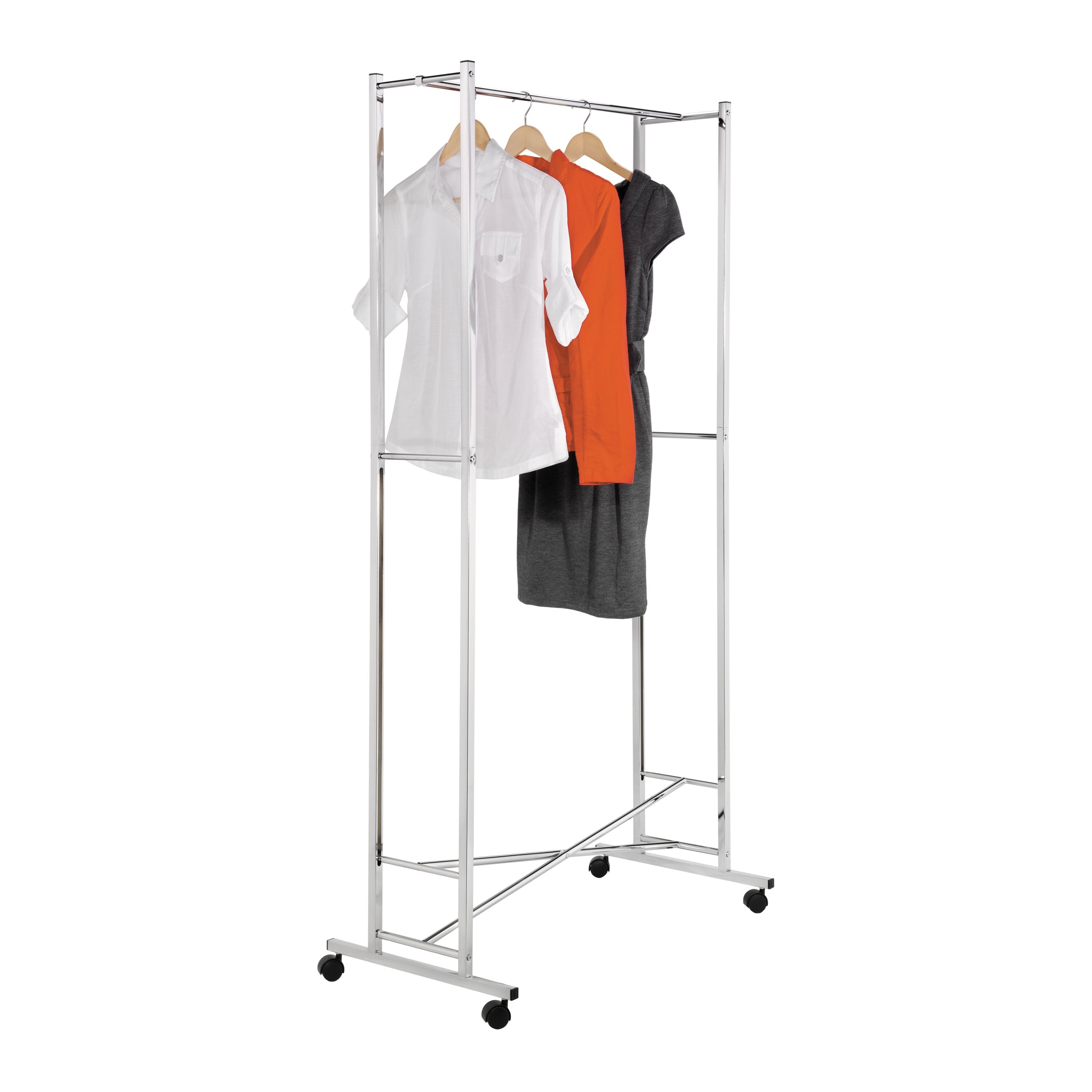 Double clothes hanger with swivel wheels with shelves and side