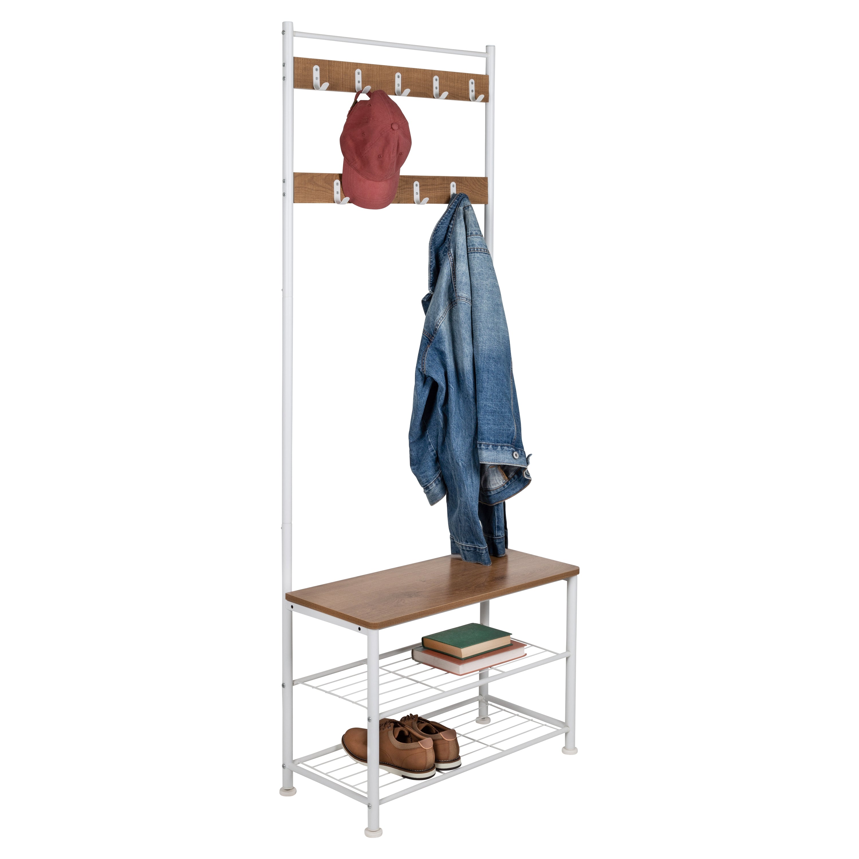 Entryway Hall Tree with 4 Hooks, Coat Rack, and Storage Bench Shoe Cabinet - White