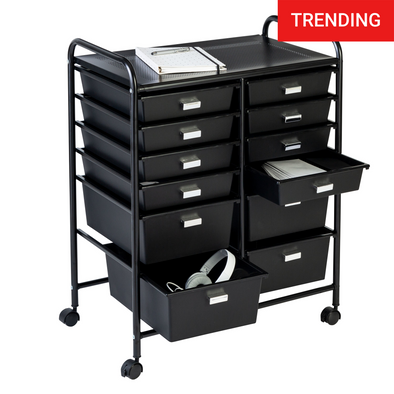 Polished chrome frame with black plastic drawers of two sizes