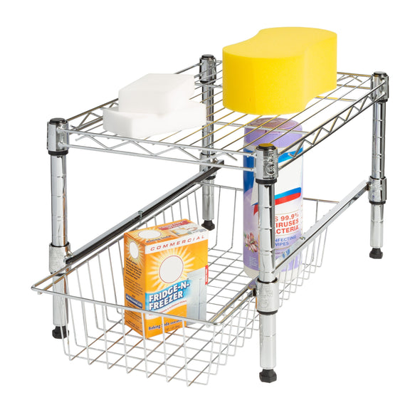 Chrome Small Cabinet Organizer With Basket and Adjustable Shelf