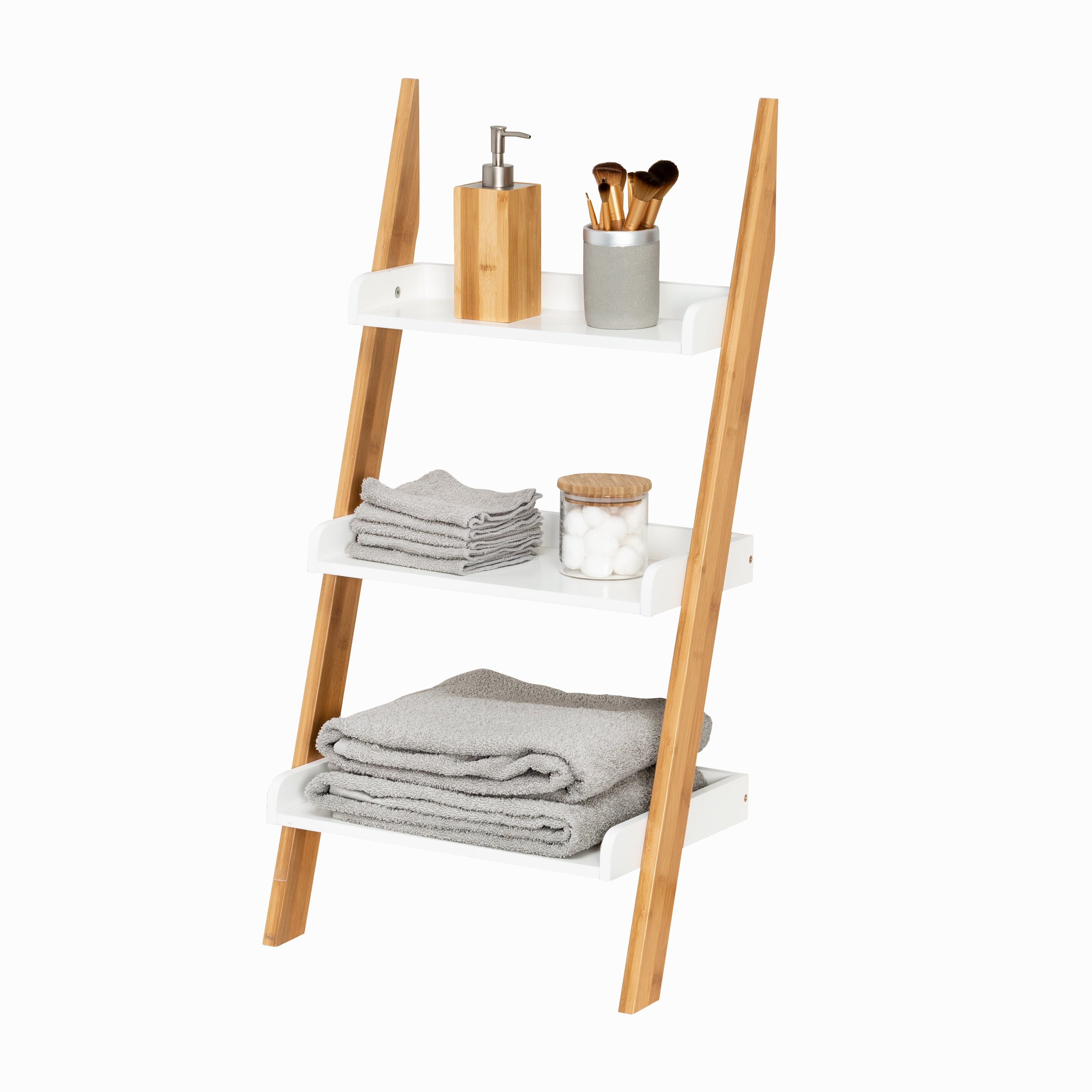 White Bamboo 3 Tier Bath Leaning Ladder Shelf