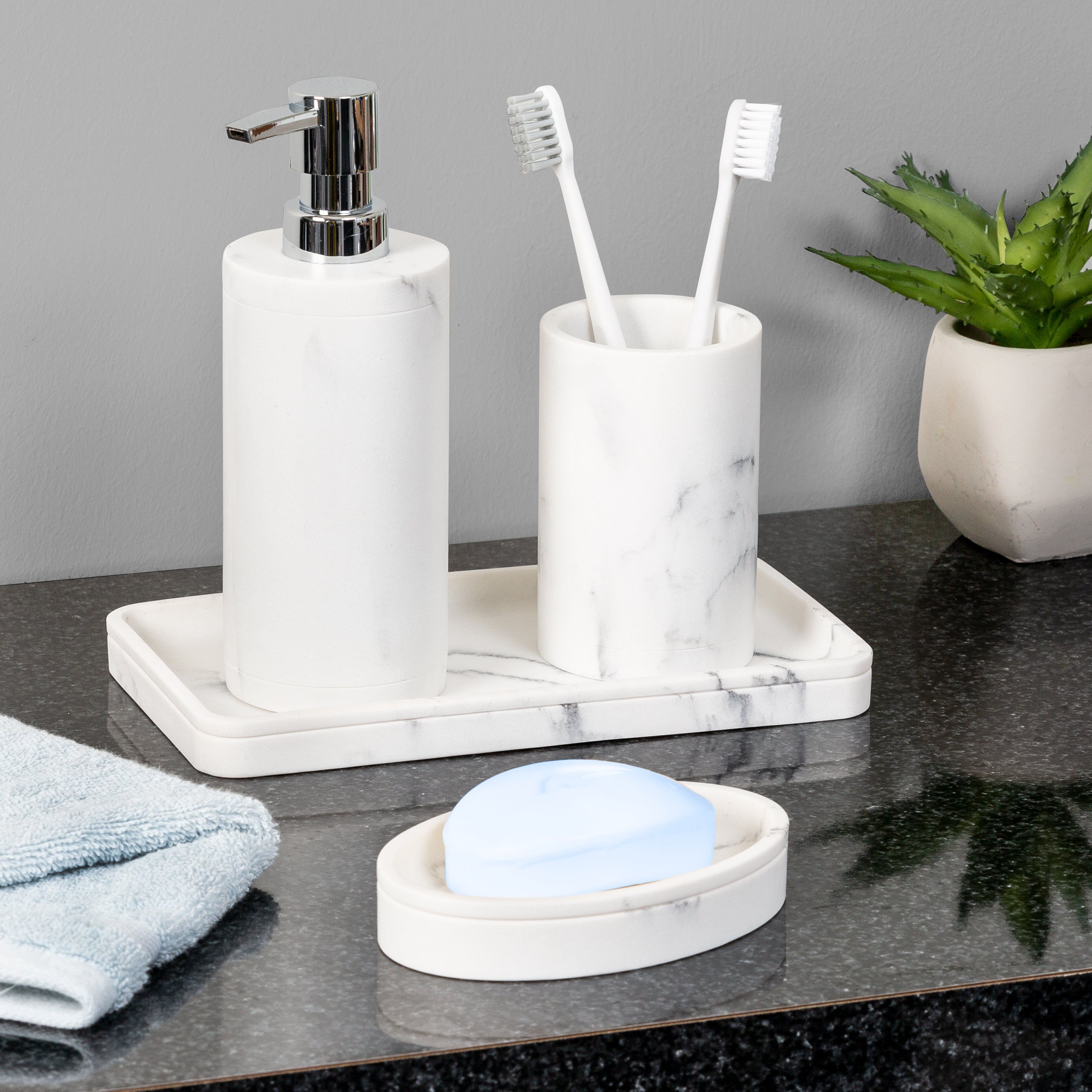 WHOLE HOUSEWARES | Bathroom Accessory Set | Accesorios de Baño | 4-Piece  Decorative Glass Bathroom Accessories Set | Soap Dispenser,Tray