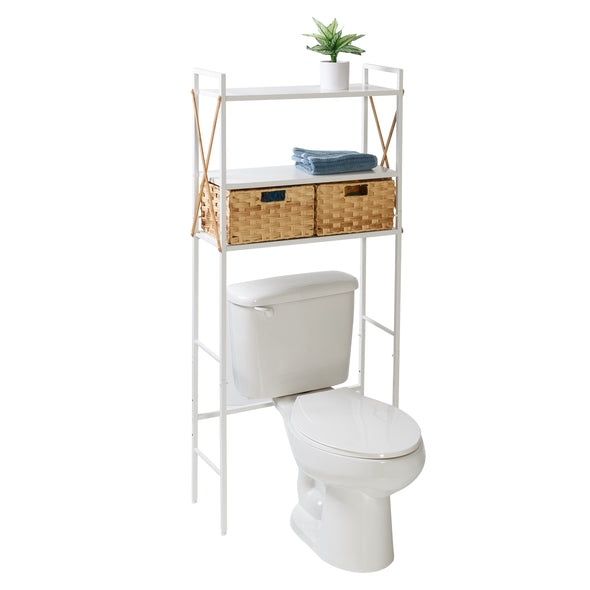 White Over-The-Toilet Space Saver with 2 Woven Baskets