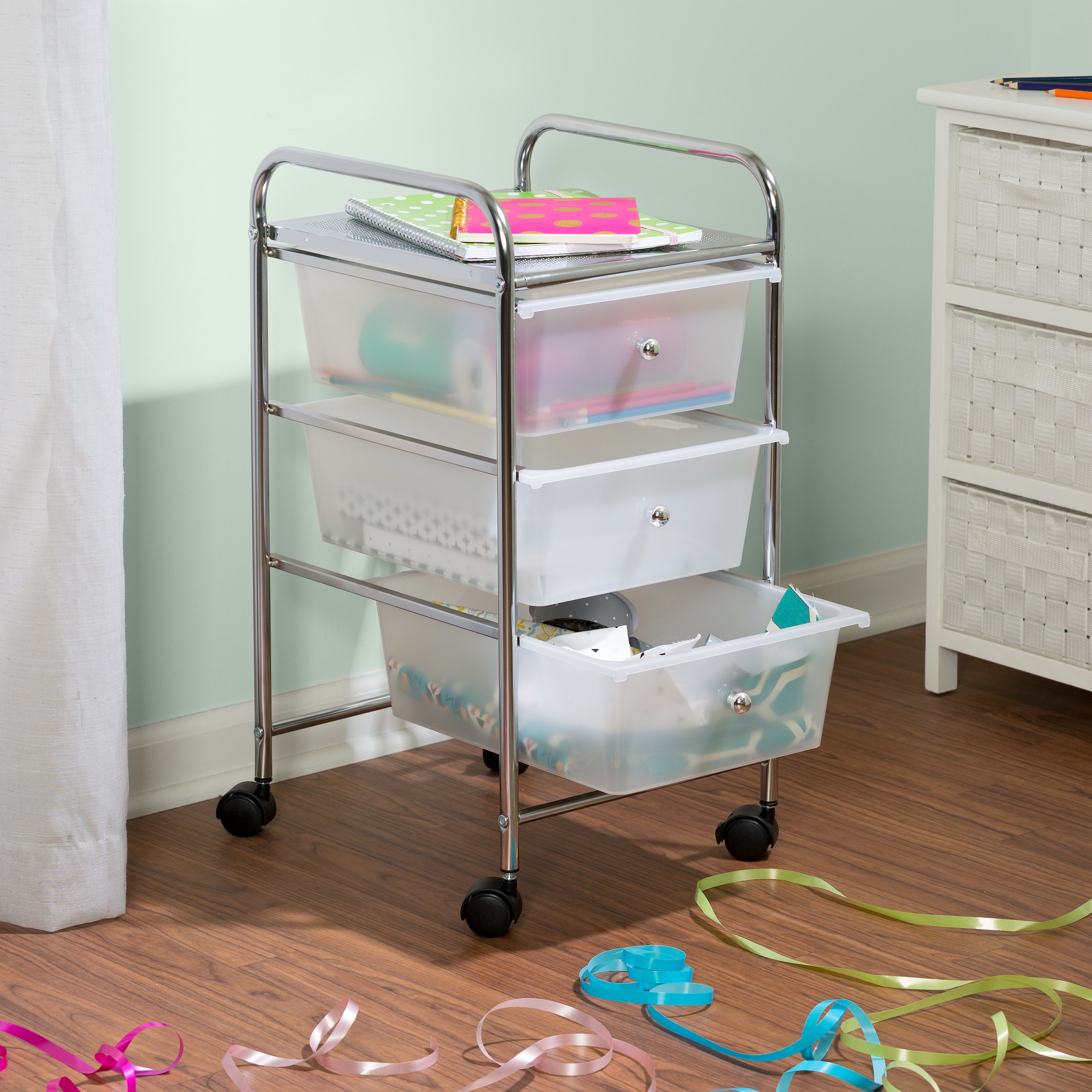 Chrome/Clear 3-Drawer Rolling Organizer Cart